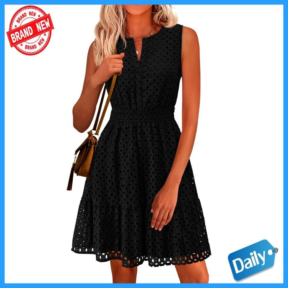 Sleeveless V-Neck A-Line Eyelet Sundress, Knee-Length, OEKO-TEX Certified